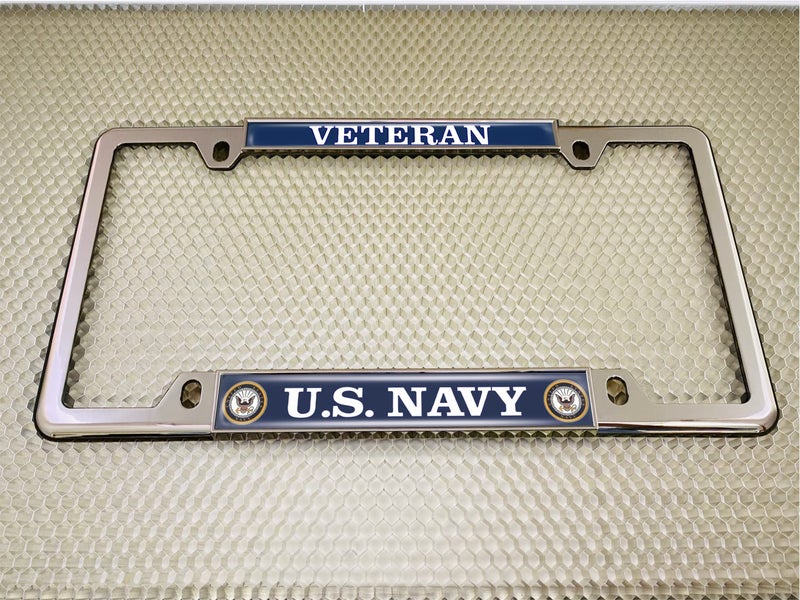 BestLicensePlateFrames [Officially Licensed Product] - U.S. Navy Veteran with Eagle, Anchor Logo - Domed Custom-Made Personalized Narrow (Thin) Top 4 Hole Metal Car License Plate Frame with Free caps - Chrome (Qty:1 Frame) - Image 4